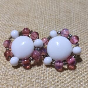 Vintage Pink And White Cluster Beaded JAPAN Clip On Earrings